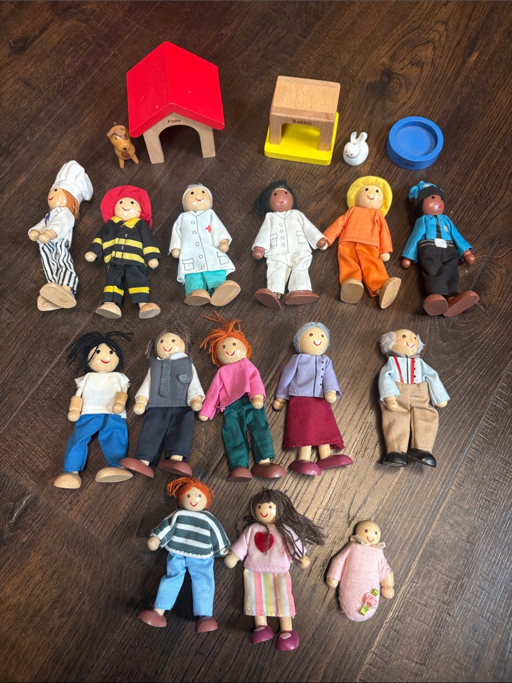 Hape Wooden Doll Playset Lot w/ Accessories & Animal Figure 14 people, 2 animals